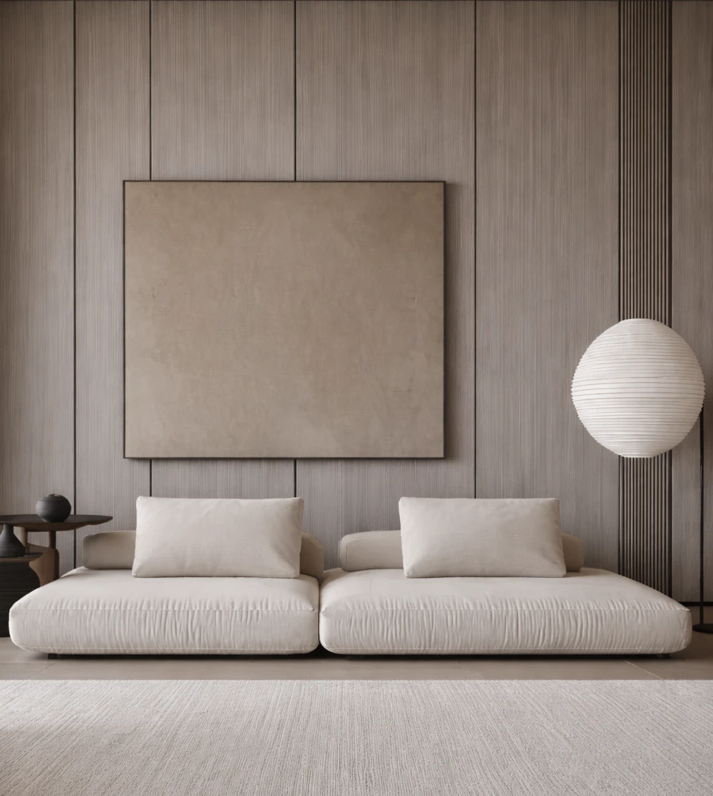 Detalle de flatt panel Tokio con textura tipo madera, revestimiento mural decorativo para espacios residenciales y comerciales