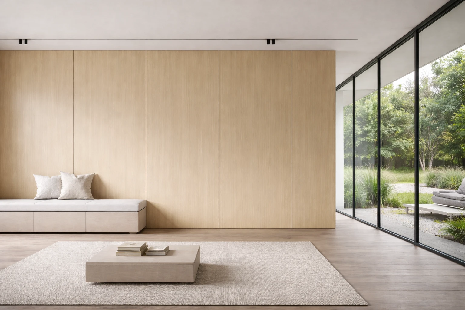 FLATT PANEL CARAMEL Listones arquitectónicos color ash instalados en fachada residencial moderna con efecto de iluminación nocturna