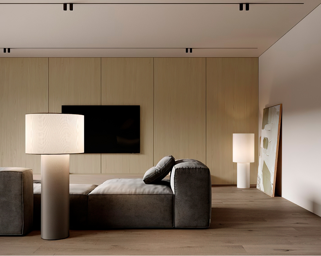 FLATT PANEL CARAMEL sala con paredes revestidas con flatt panel