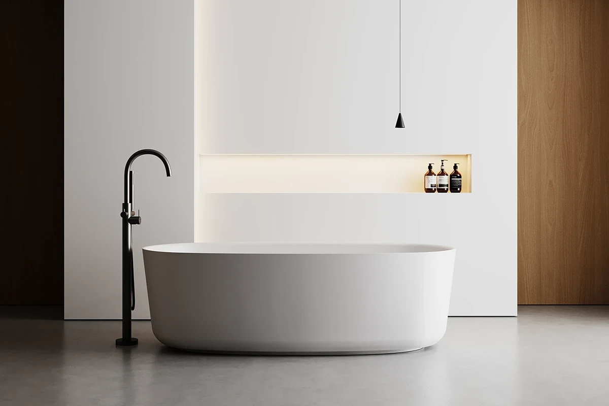 luminaria-funcional-iluminacion-decorativa tina de baño en ambiente minimalista con iluminación decorativa