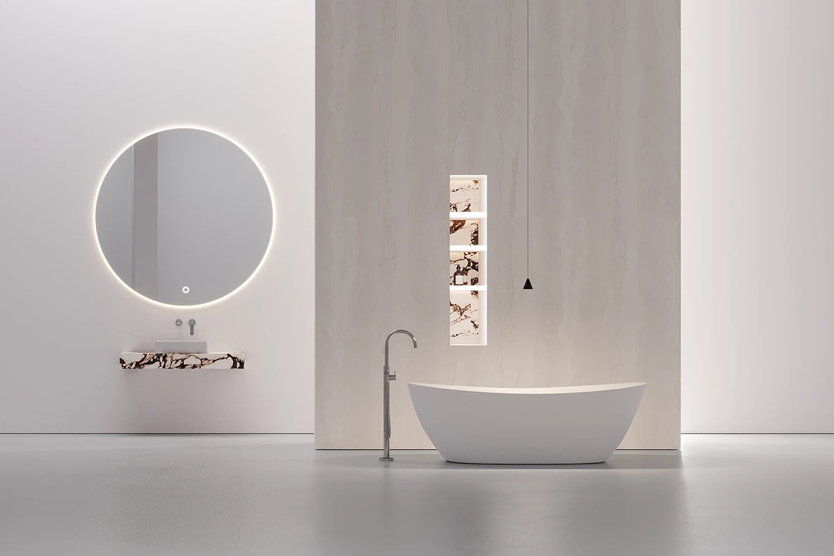 luminaria-integrada-espacio Ambiente de baño minimalista con luminarias elegantes