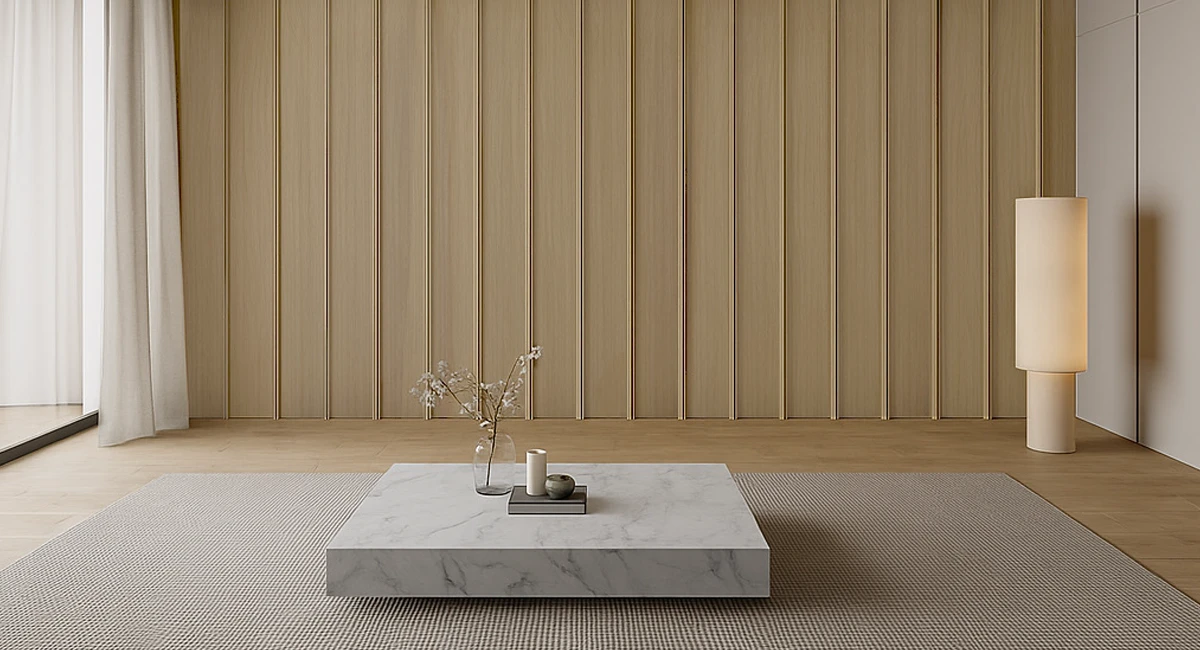 El-arte-de-vestir-tus-paredes-accent-wall-ferretti-sala-de-estar Wall panel tipo madera en sala moderna minimalista con iluminación cálida y diseño arquitectónico