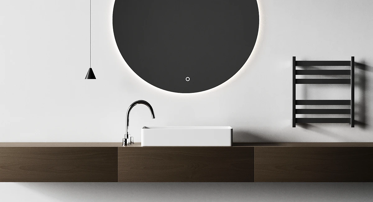 Baño minimalista con toallero electrico