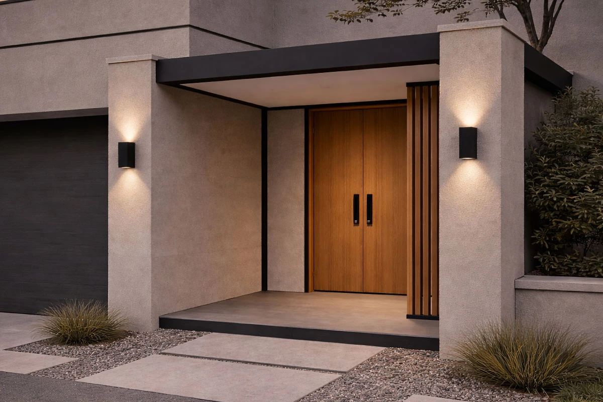 aplique-exterior-negro-ella-k250123 Aplique de pared exterior negro iluminando entrada moderna con diseño arquitectónico minimalista