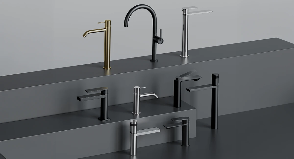 Colección de grifería moderna para baño y cocina en diferentes acabados metálicos de alta calidad