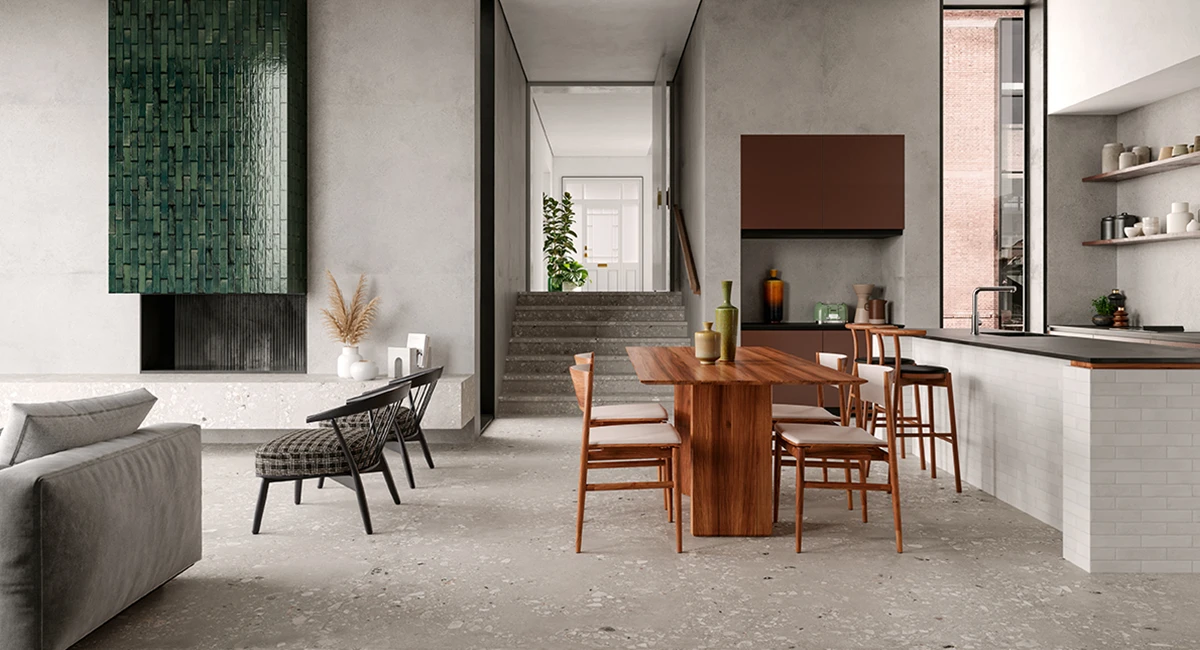 sala comedor moderna con porcelanato mate tono cemento