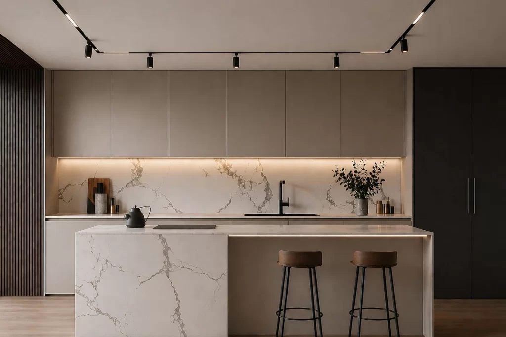 Riel magnético empotrado con iluminación arquitectónica minimalista