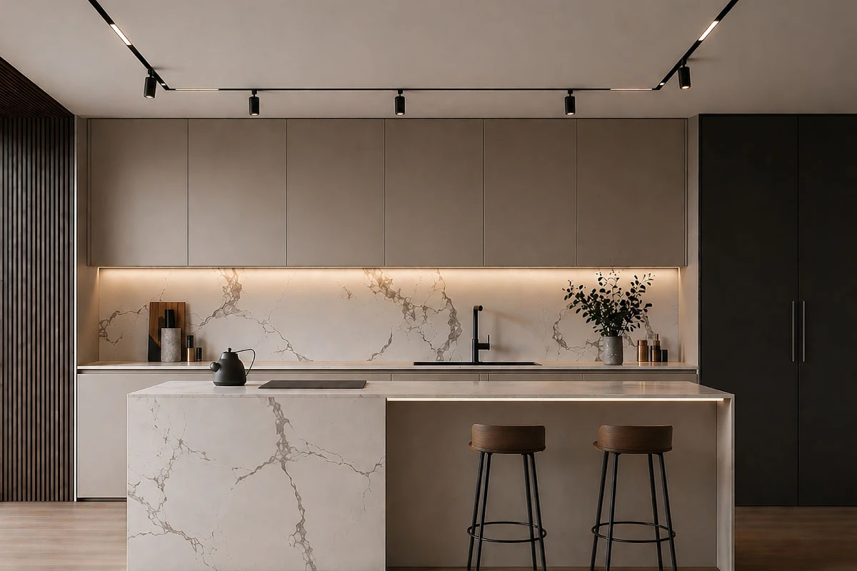 Riel magnético empotrado con iluminación arquitectónica minimalista