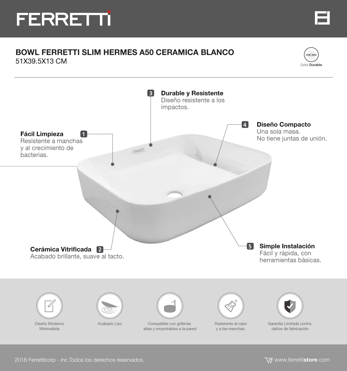 Hermes A50 Bowl Slim Cerámica Blanco 51x39.5x13 cm