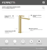 Grifería Alpha Lavatorio Dorado Mate Alto al Mueble Ferretti - Image 2